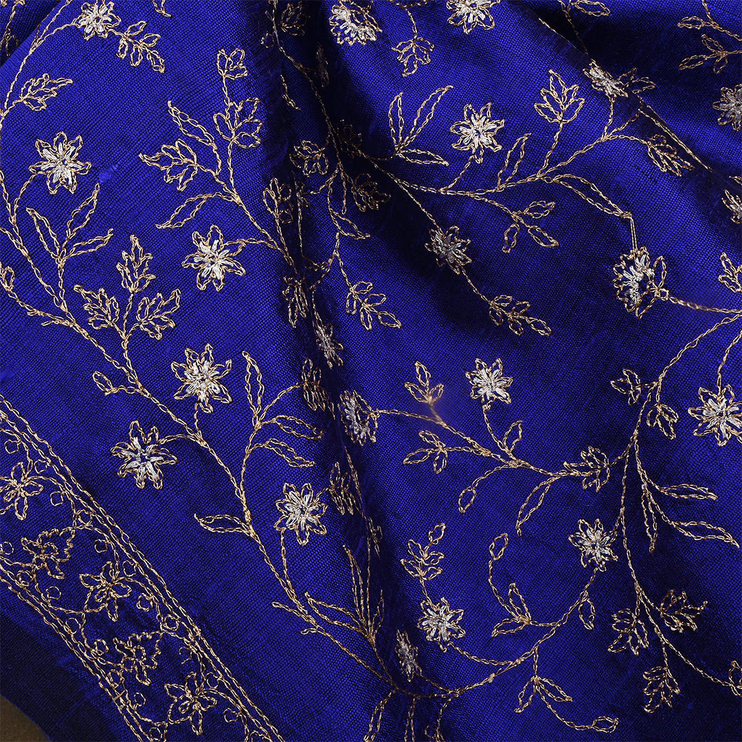 Dark Indigo Dupion Raw Silk Zari Embroidered Fabric