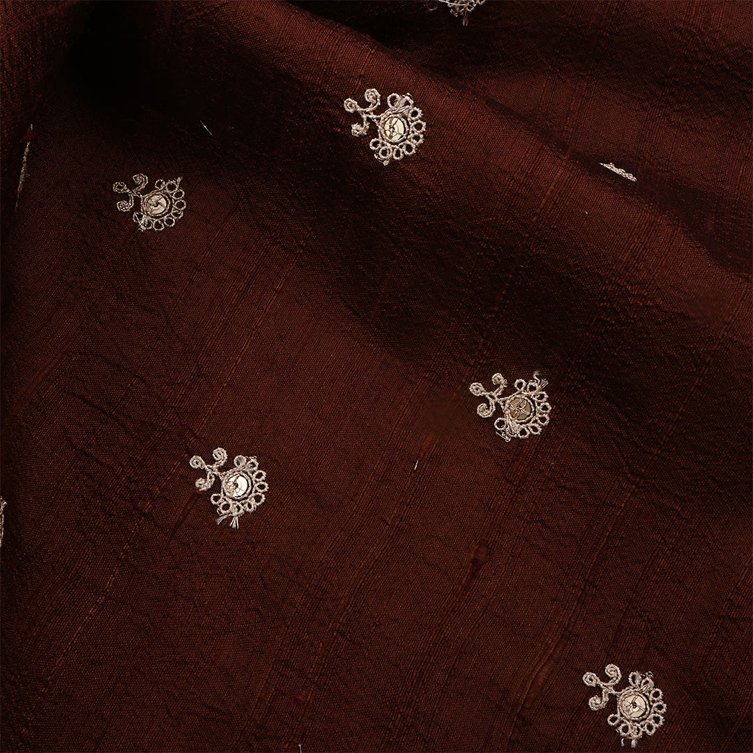 Dark Sienna Dupion Raw Silk Zari Embroidered Fabric