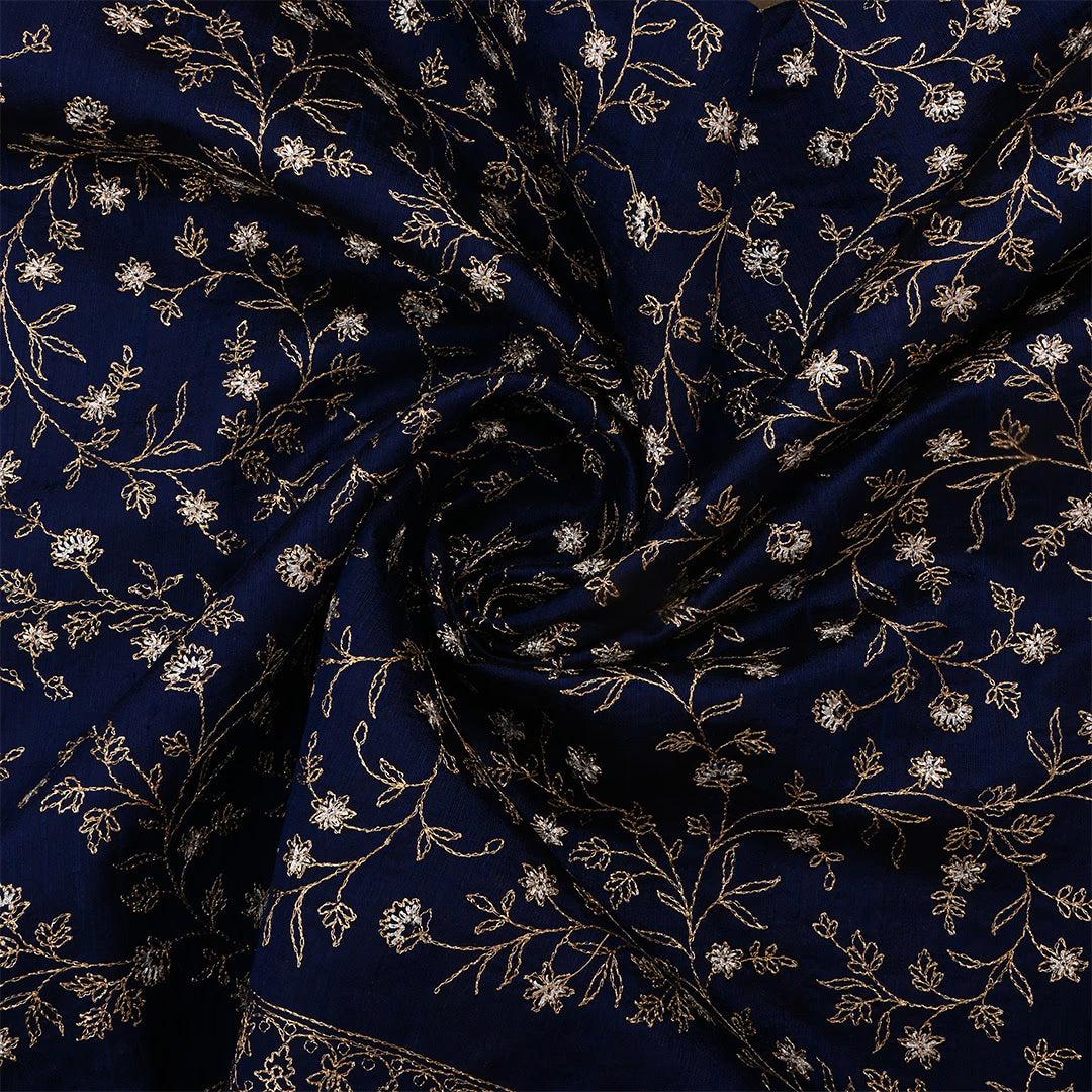 Dark Navy Blue Dupion Rawsilk Zari Embroidered Fabric