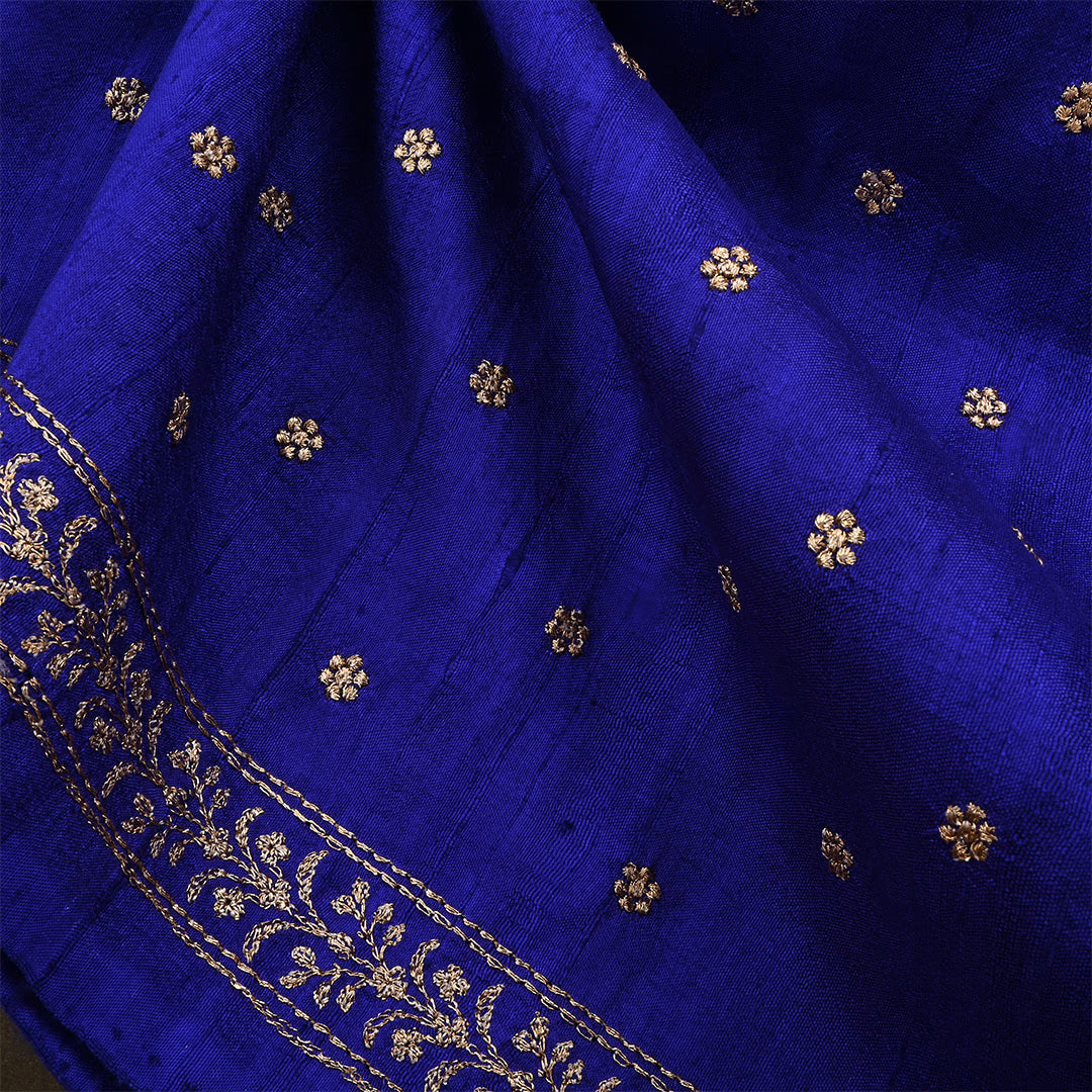 Denim Dark Blue Dupion Raw Silk Zari Embroidered Fabric