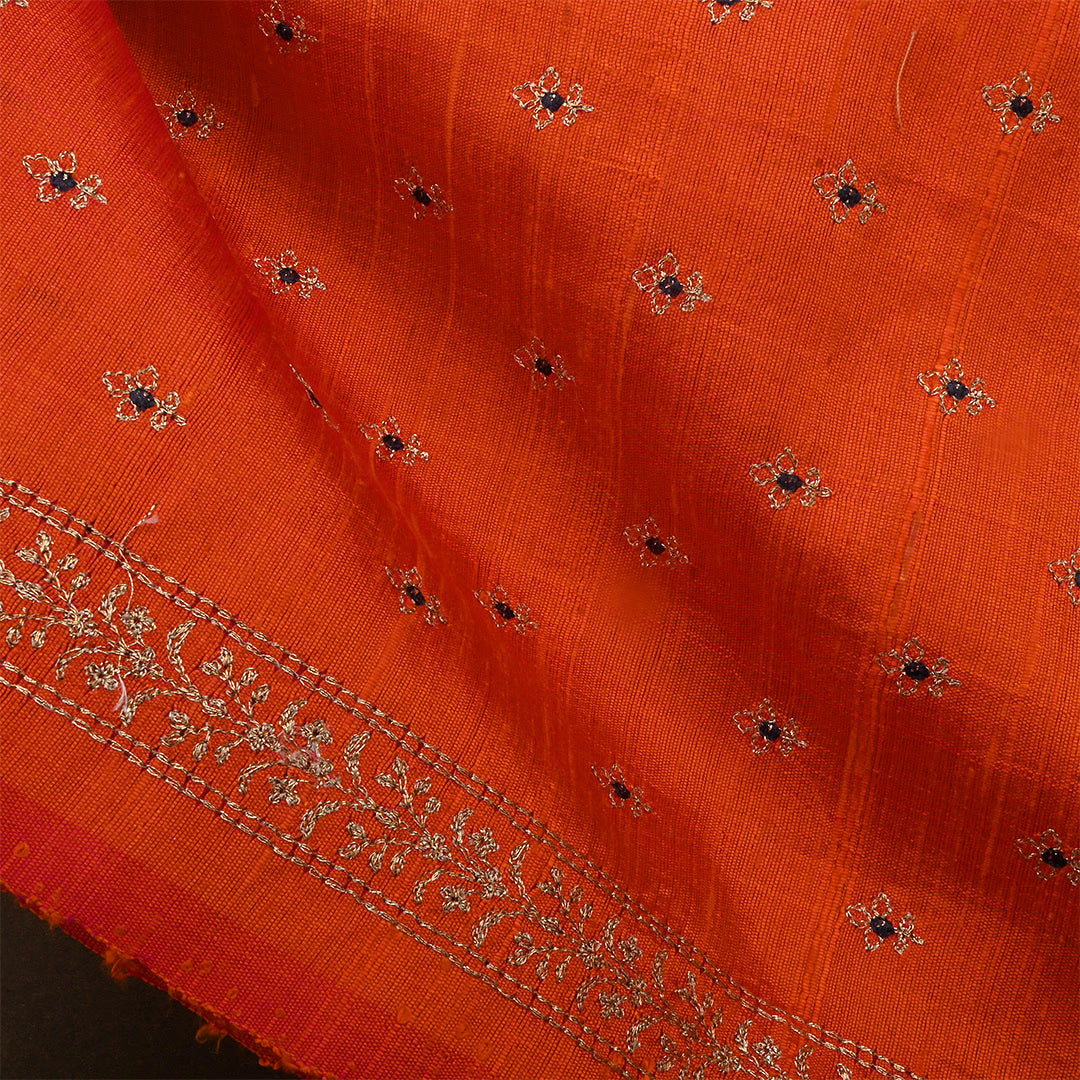 Orange Dupion Raw Silk Zari Embroidered Fabric