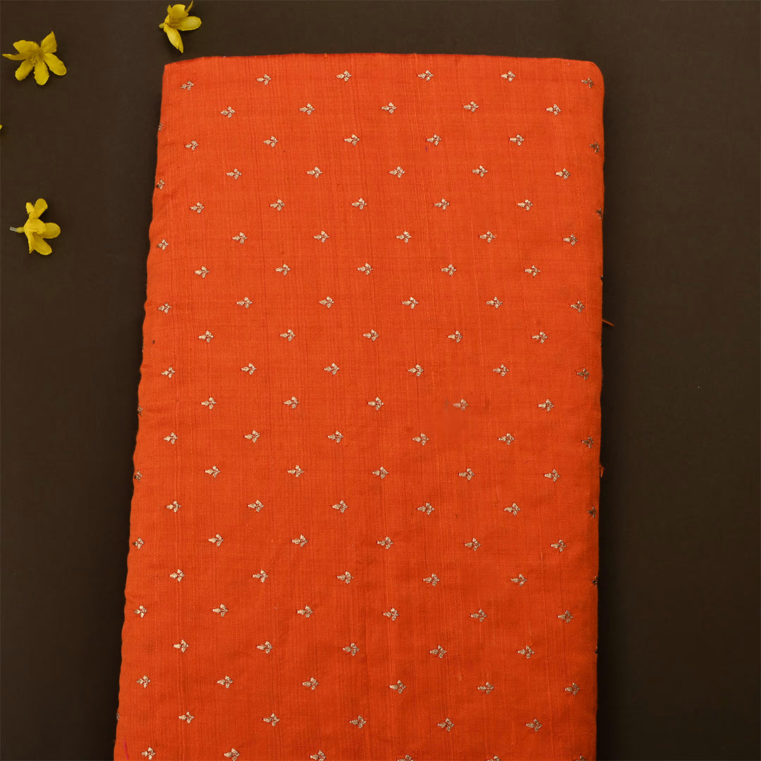 Sinopia Orange Dupion Raw Silk Zari Embroidered Fabric