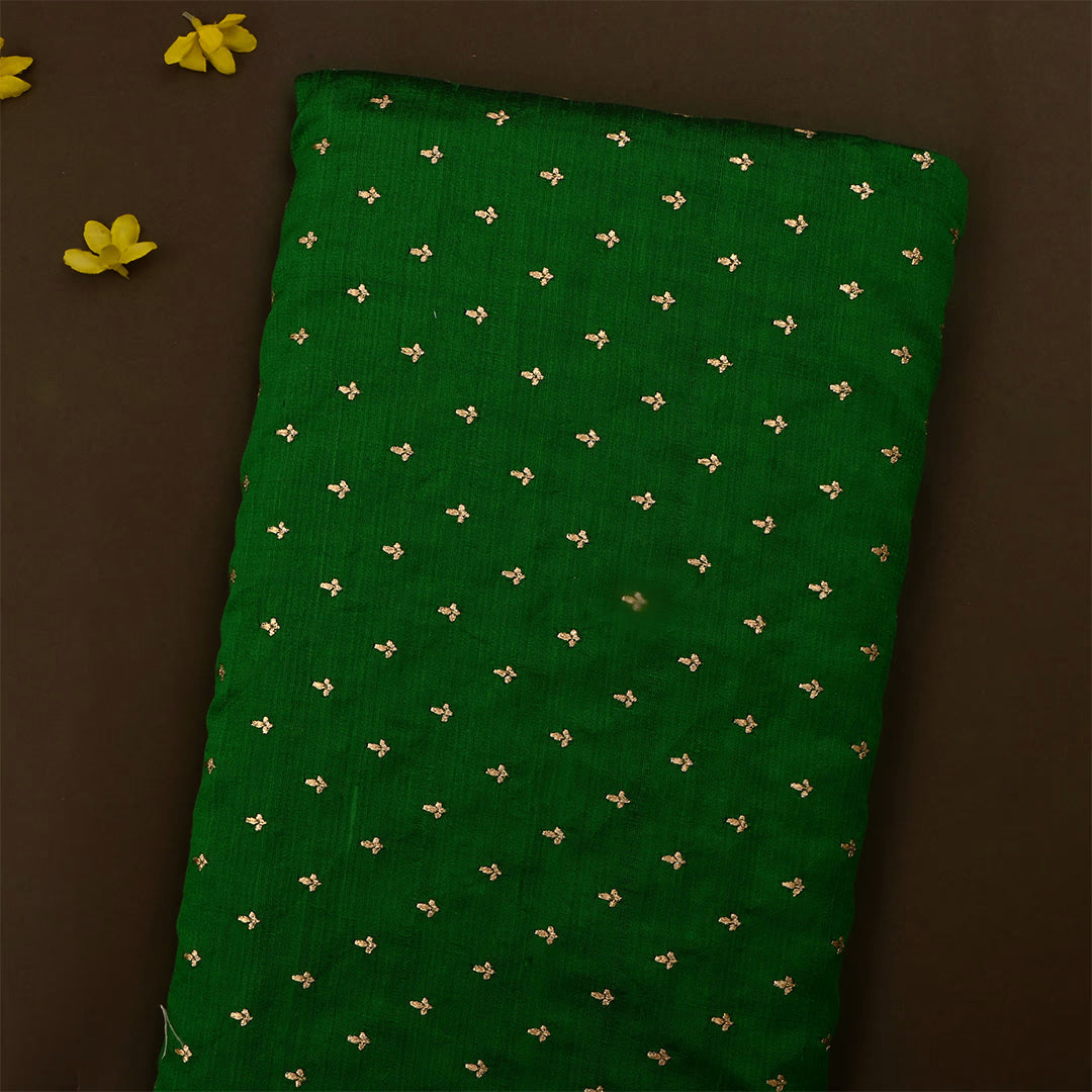 British Racing Green Dupion Raw Silk Zari Embroidered Fabric