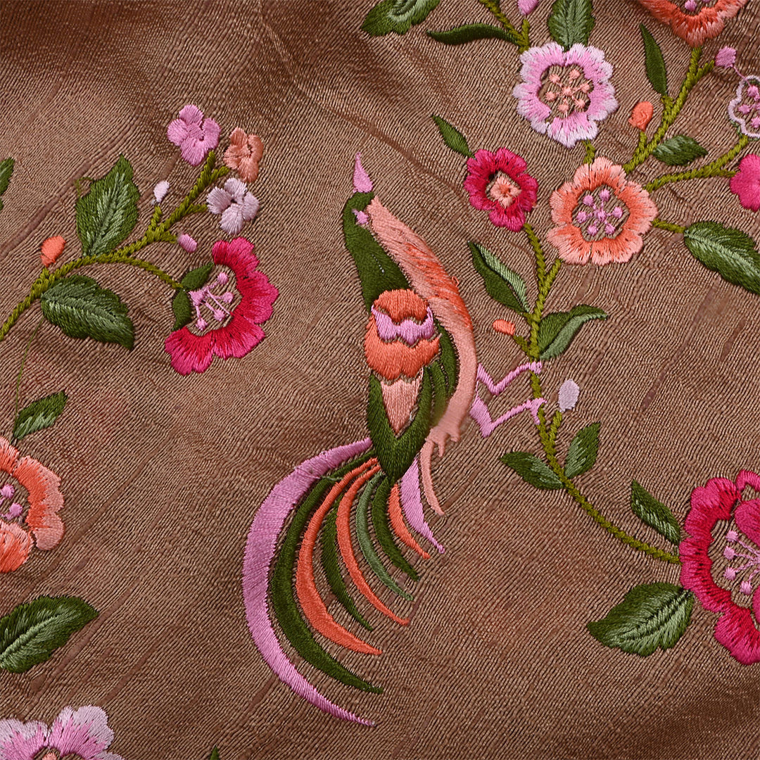 Brown Dupion Raw Silk Floral Embroidered Fabric