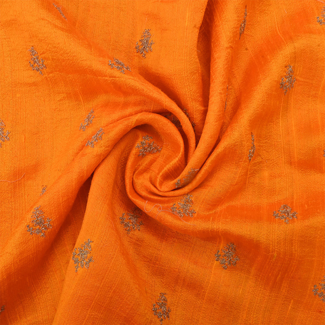 Coco Brown Orange Dupion Raw Silk Zari Embroidered Fabric