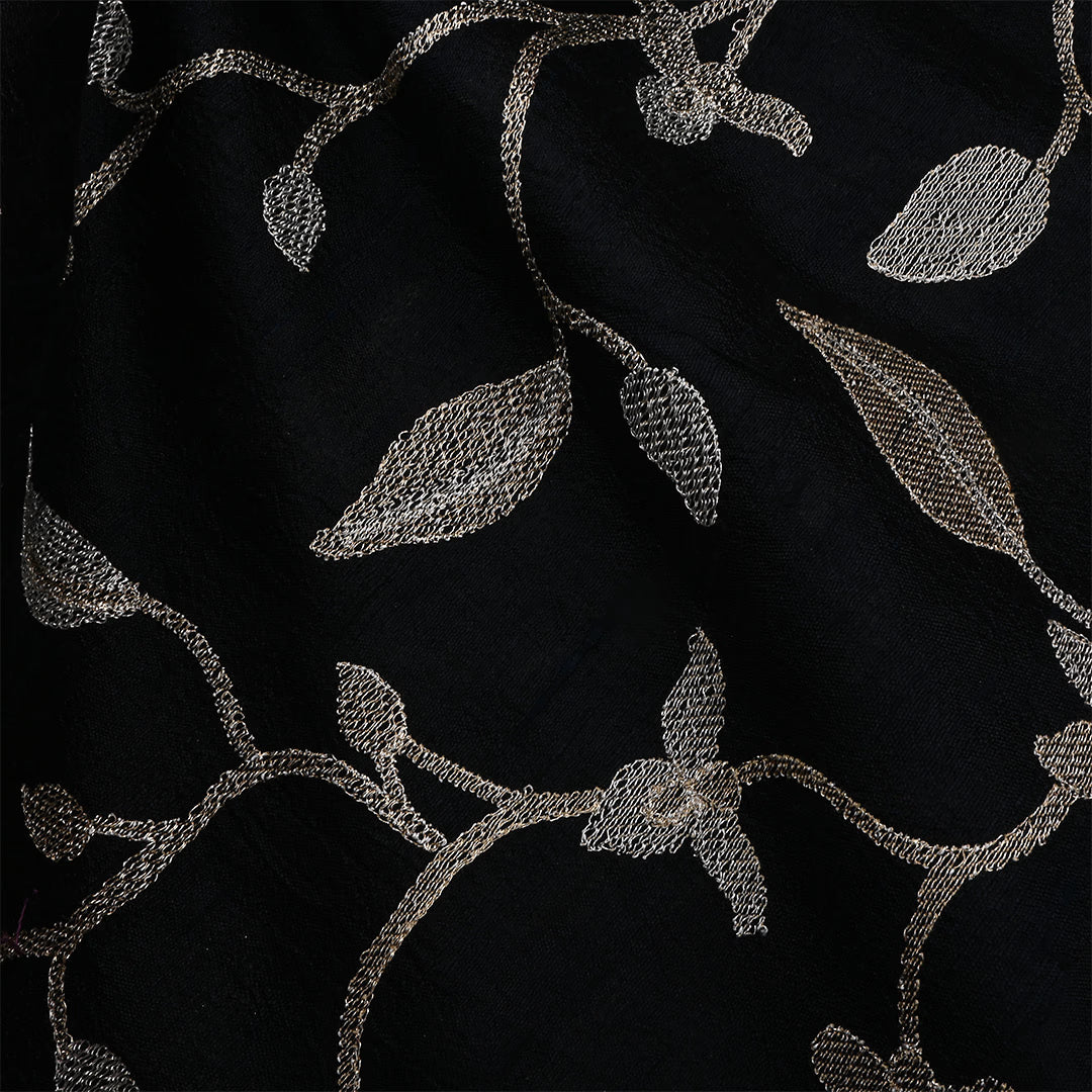 Black Dupion Raw Silk Embroidered Fabric