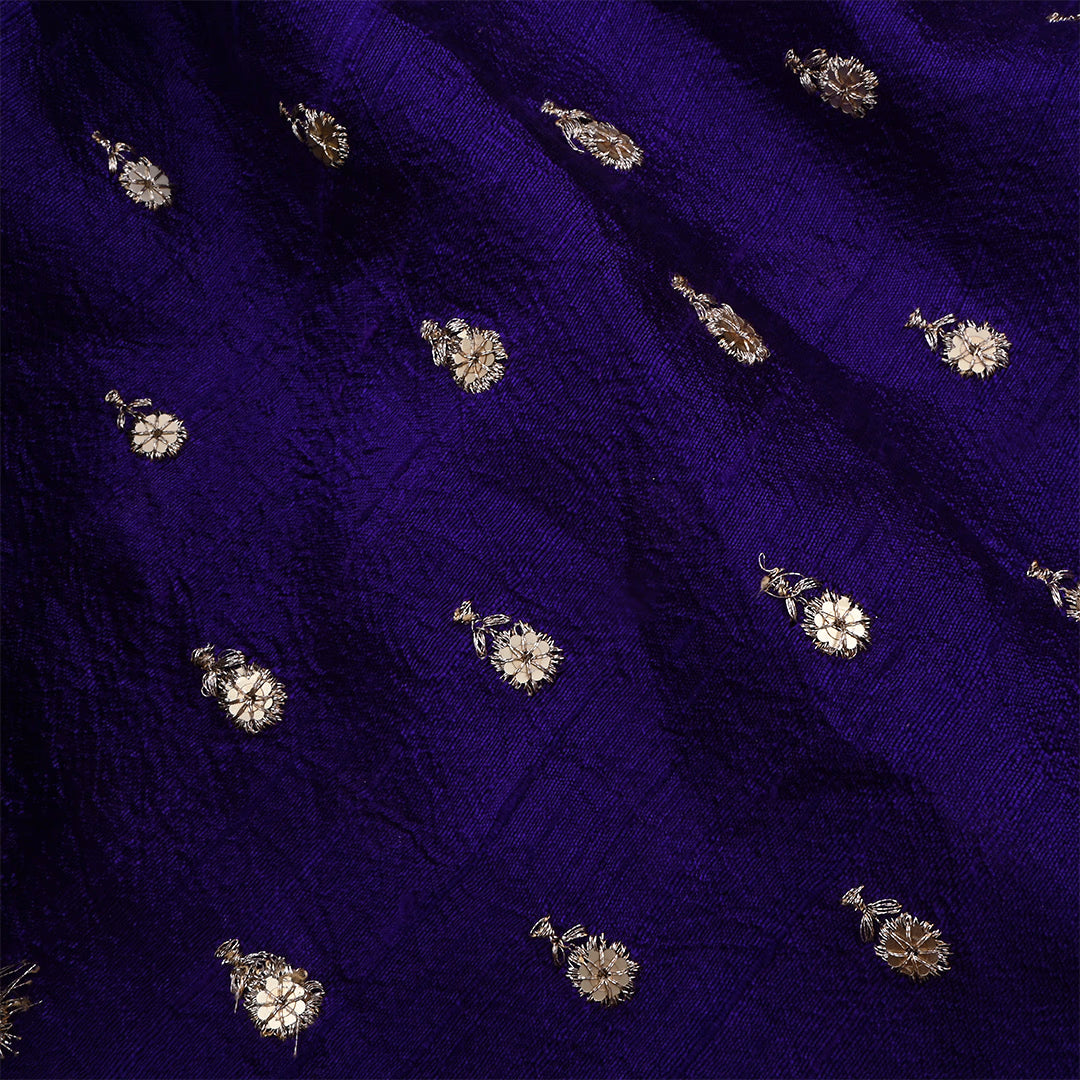 Dark Indigo Dupion Raw Silk Embroidered Fabric