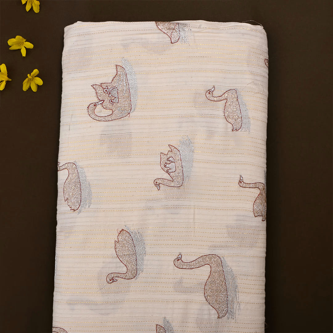 Light Beige Cotton Swan Zari Embroidered Fabric
