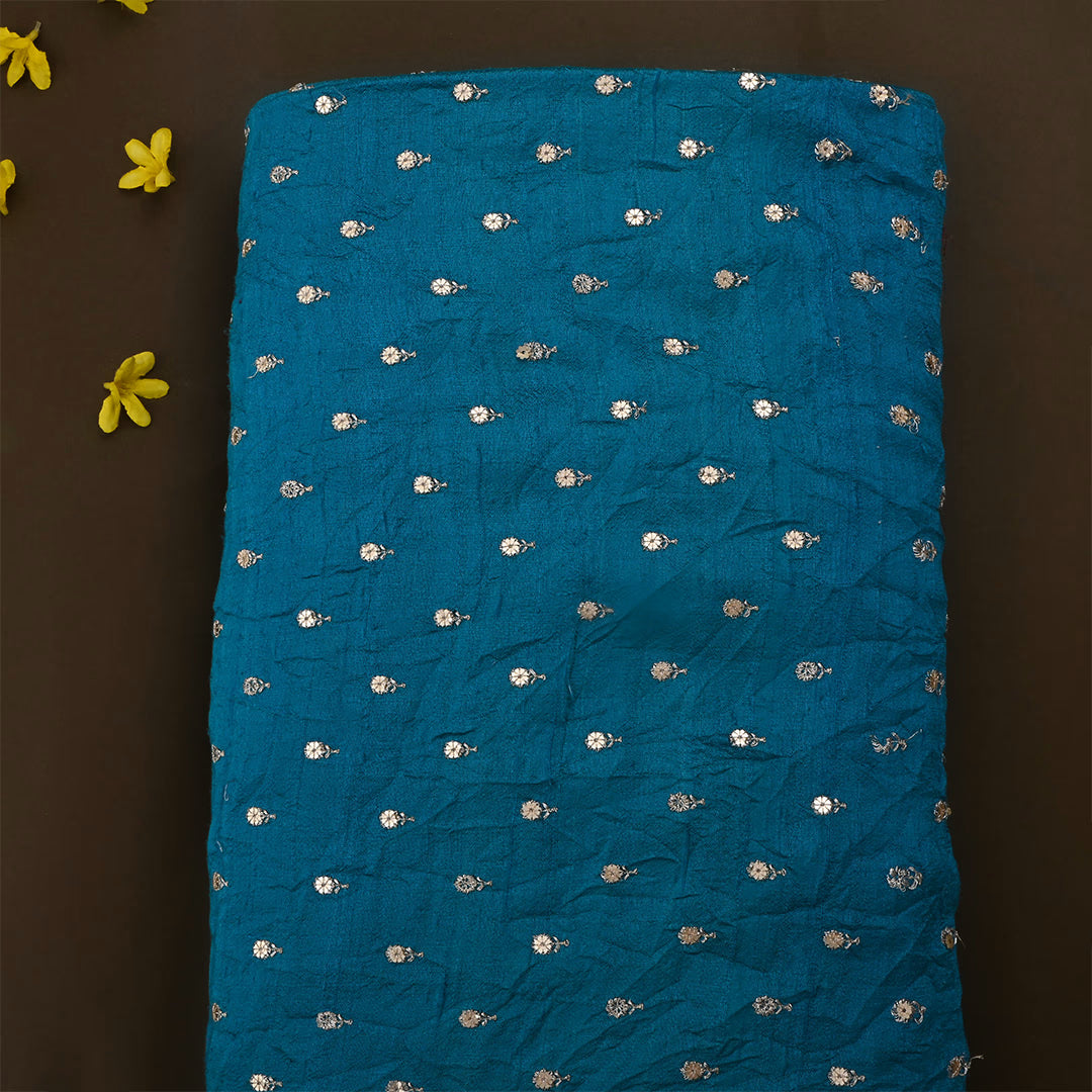 Deep Sea Blue Dupion Raw Silk Embroidered Fabric