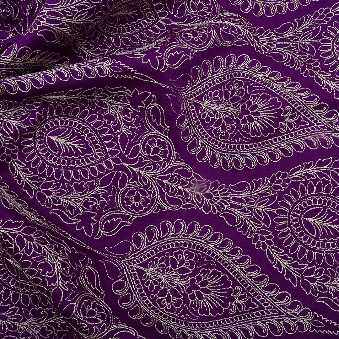 Deep Violet Moonga Tussar Embroidered Fabric