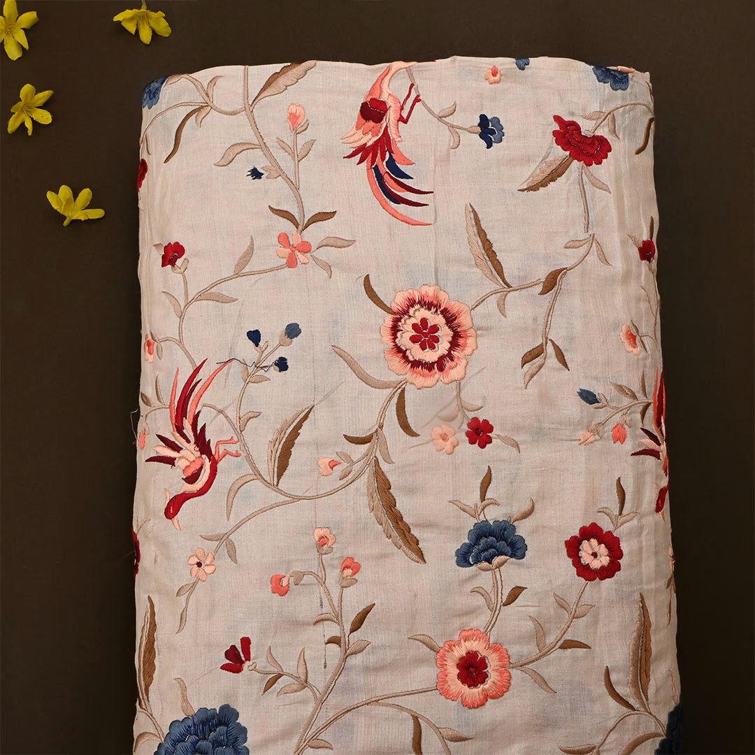 Vanilla Cream Tussar Embroidered Wine Fabric