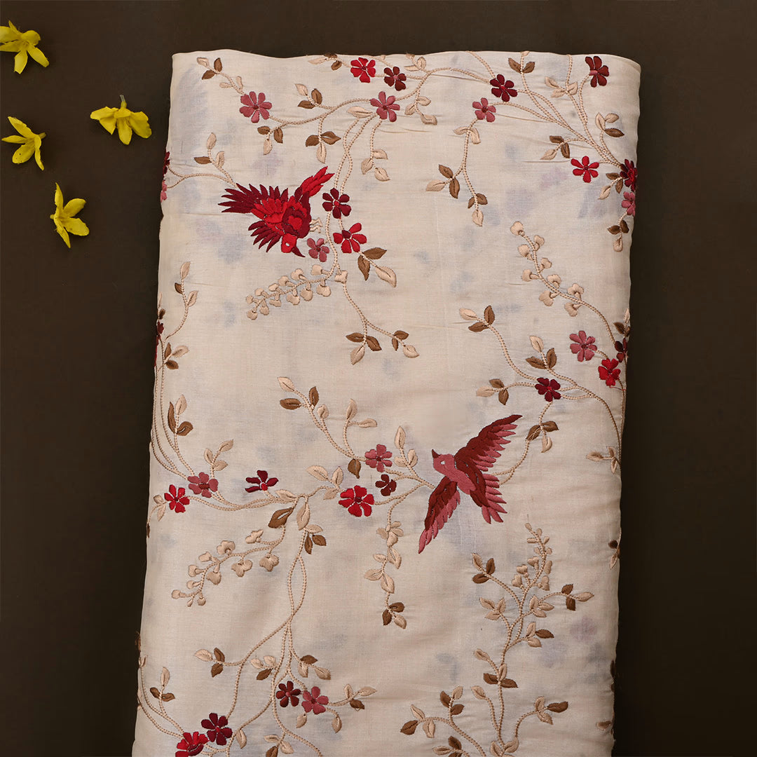 Vanilla Cream Tussar Embroidered Fabric