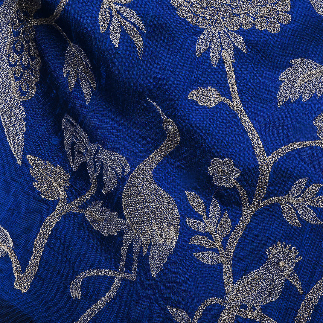 Lapis Blue Dupion Raw Silk Embroidered Fabric