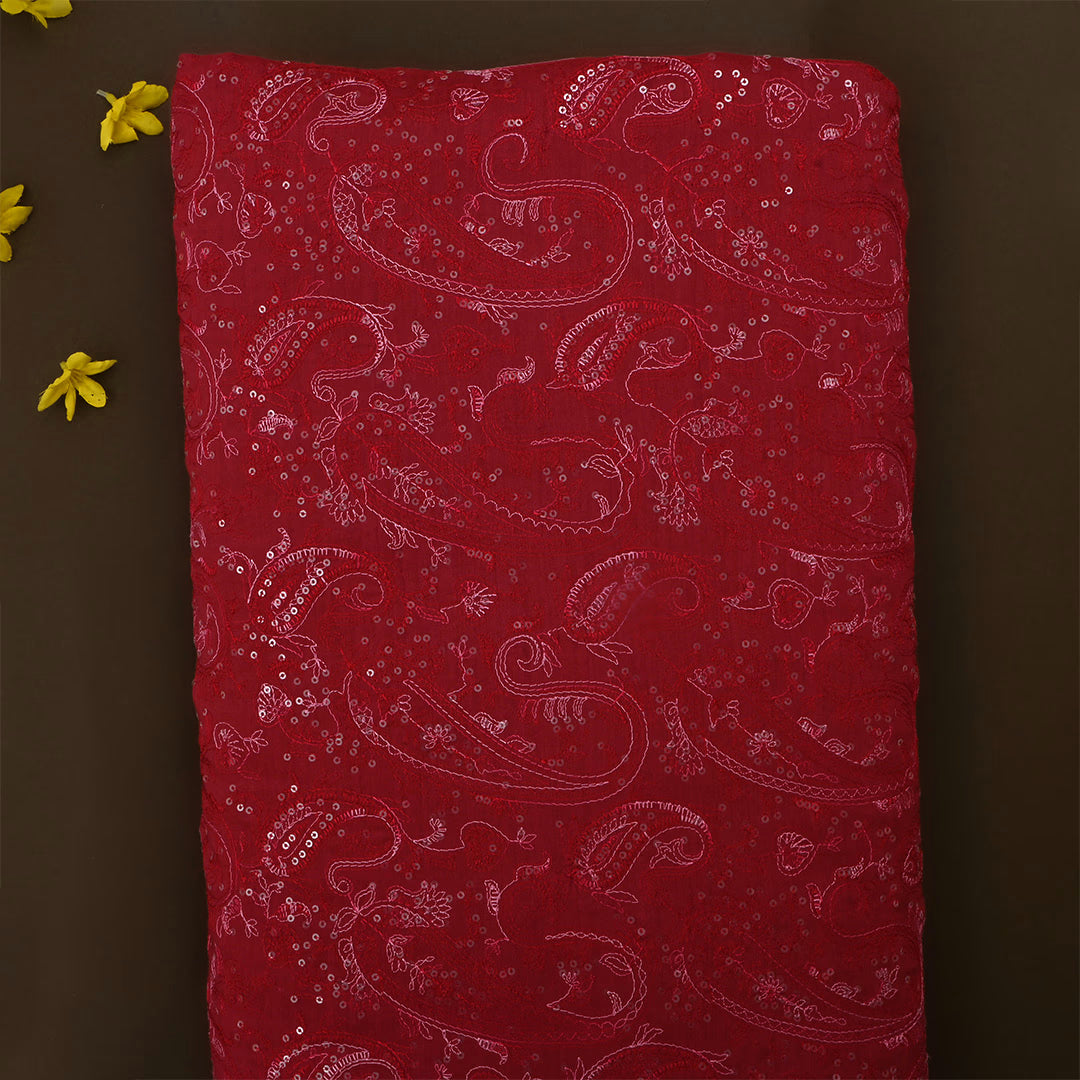 Falu Red Moonga Tussar Thread Work Fabric