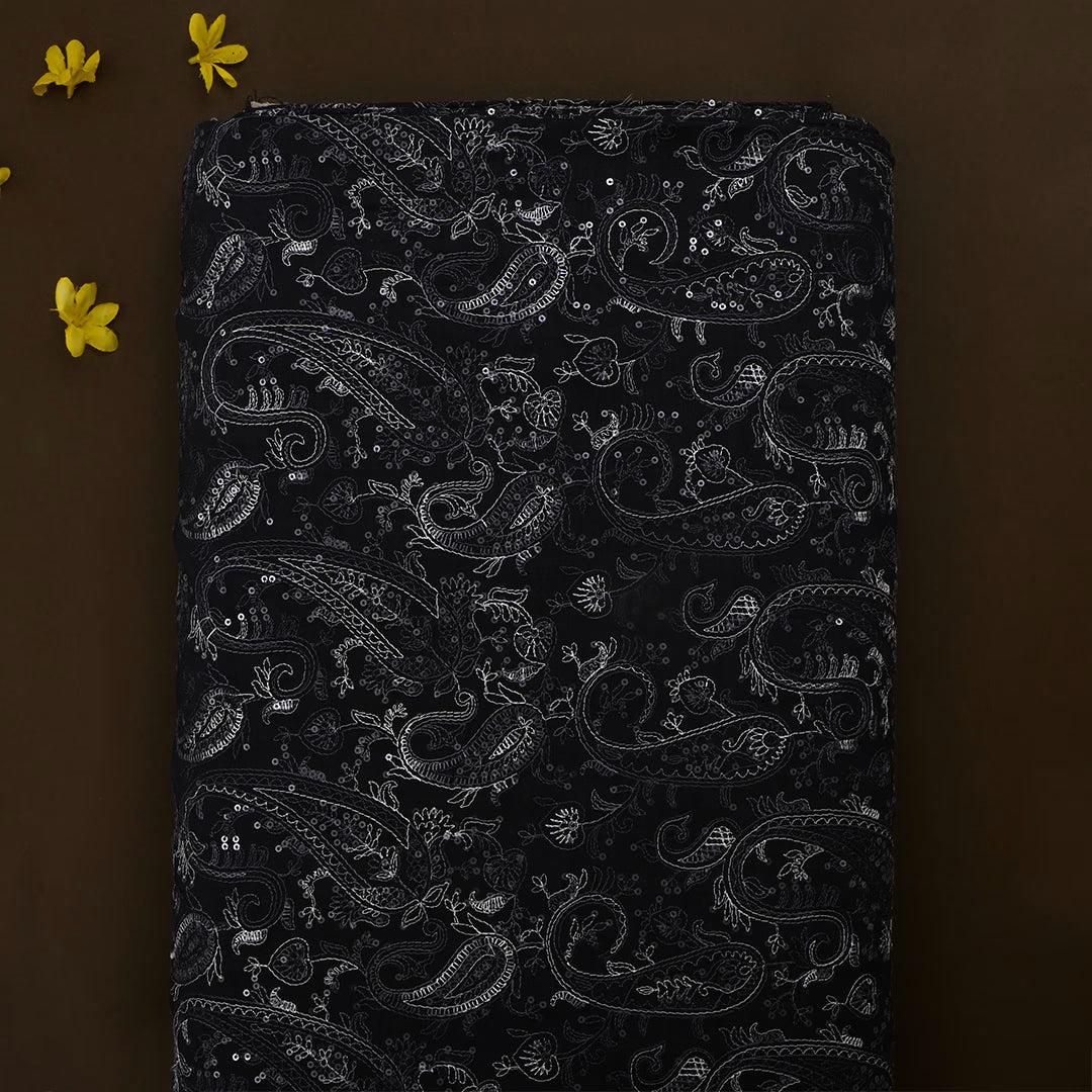 Black Moonga Tussar Thread Work Fabric