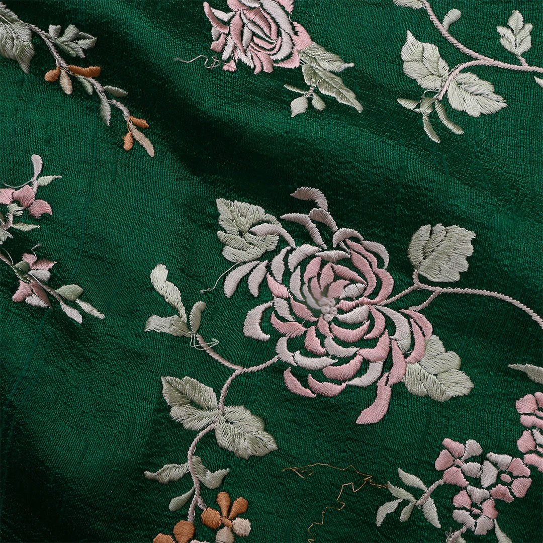 Evergreen Dupion Raw Silk Embroidered Fabric