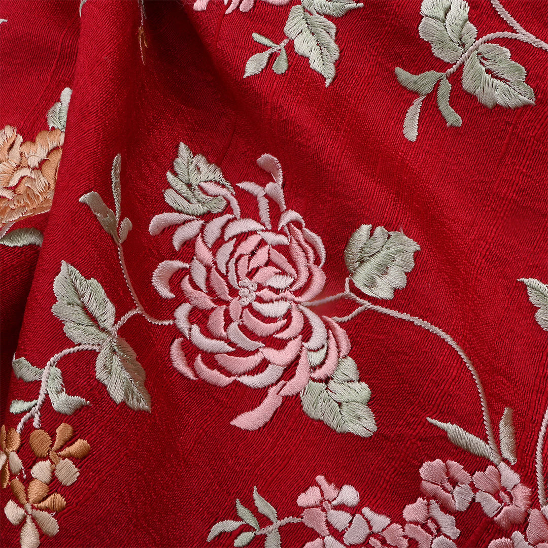 Red Wine Dupion Raw Silk Embroidered Fabric
