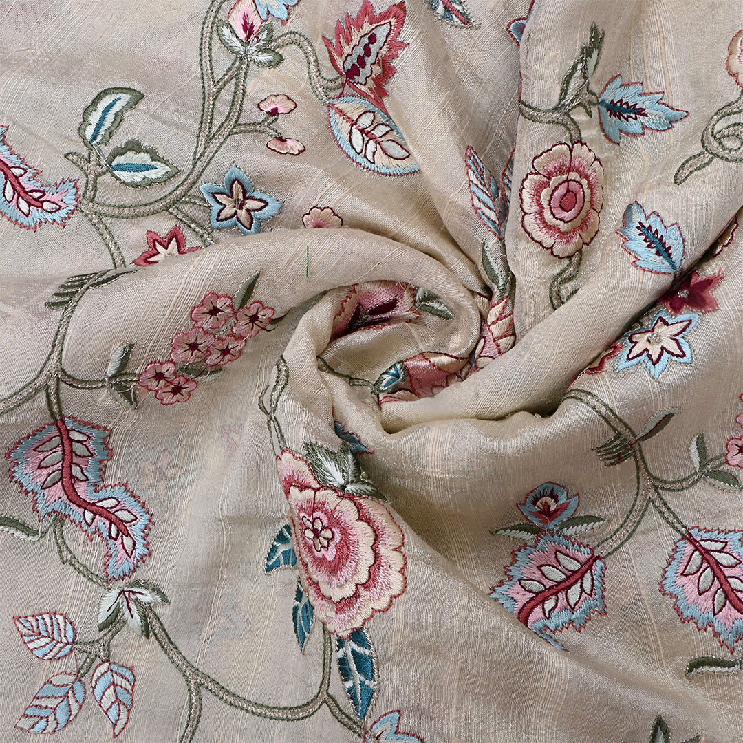 Off-White Dupion Raw Silk Embroidered Fabric