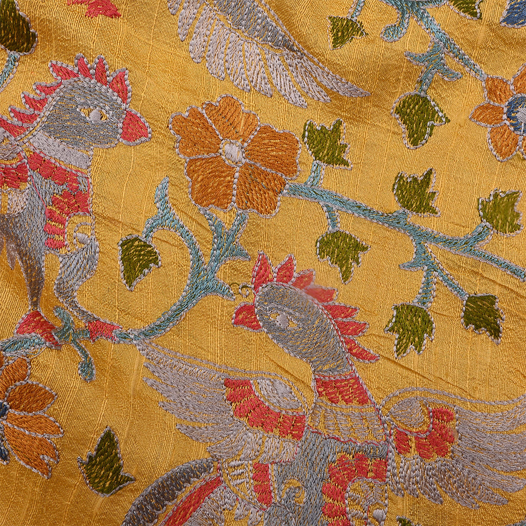 Yellow Dupion Raw Silk Embroidered Fabric