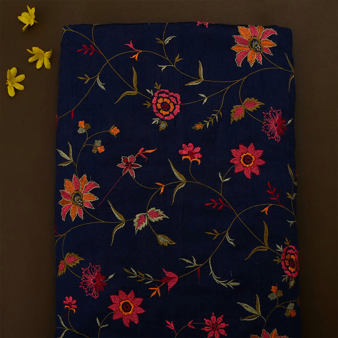 Dark Navy Blue Dupion Raw Silk Embroidered Fabric