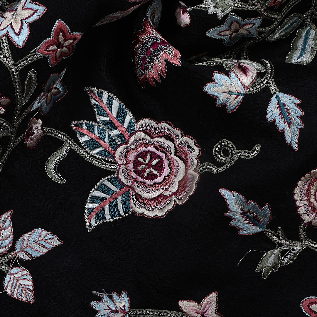 Jute Black Dupion Raw Silk Embroidered Fabric