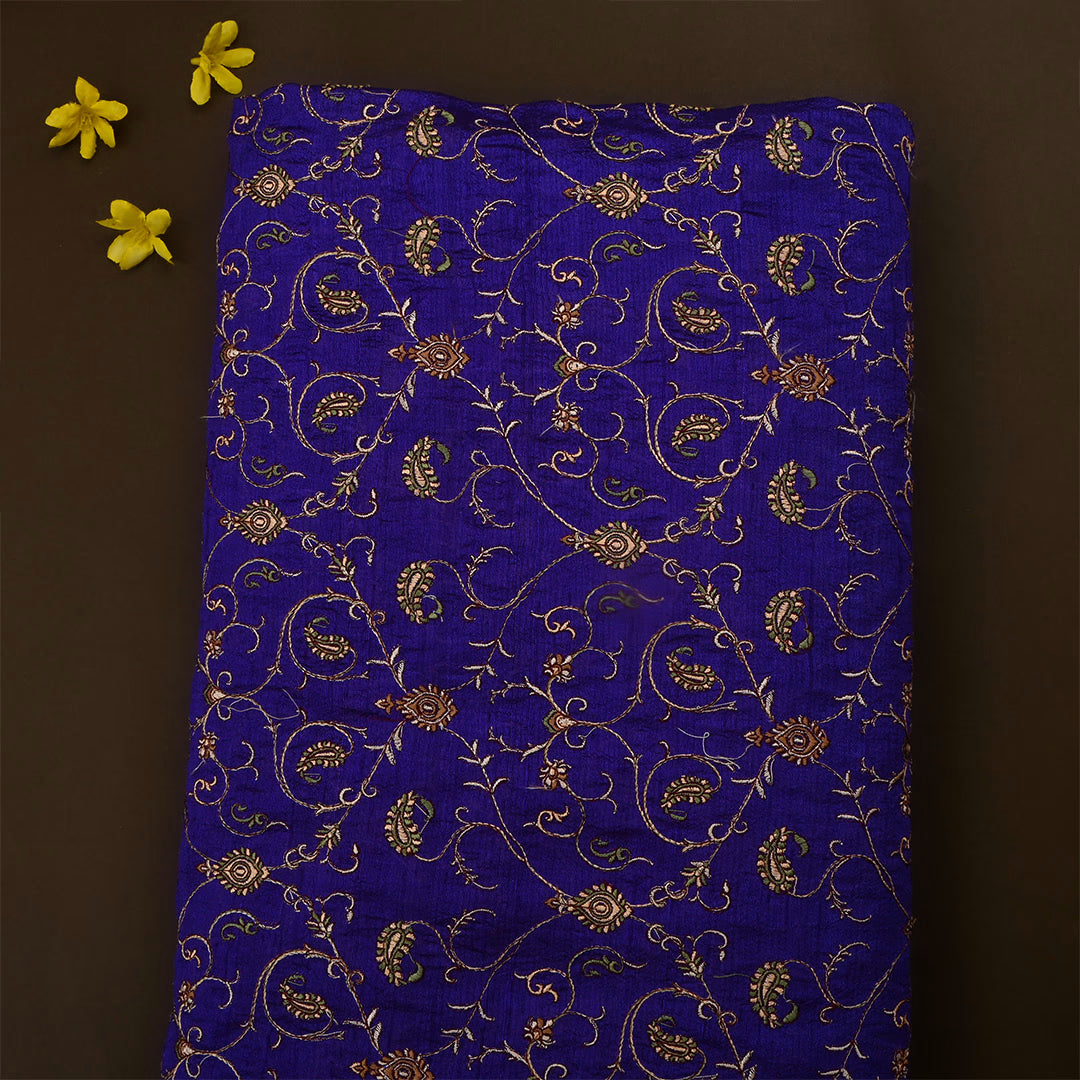 Dark Indigo Dupion Raw Silk Paisley Embroidered Fabric