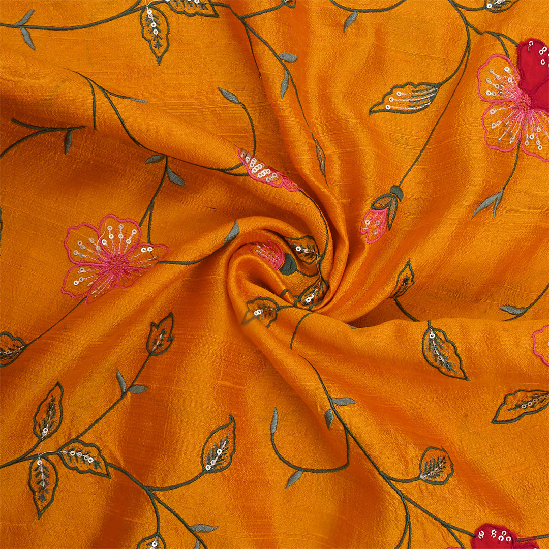 Dirty Orange Dupion Raw Silk Embroidered Fabric