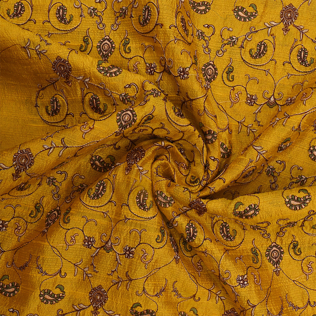 Dark Gold Dupion Raw Silk Paisley Embroidered Fabric