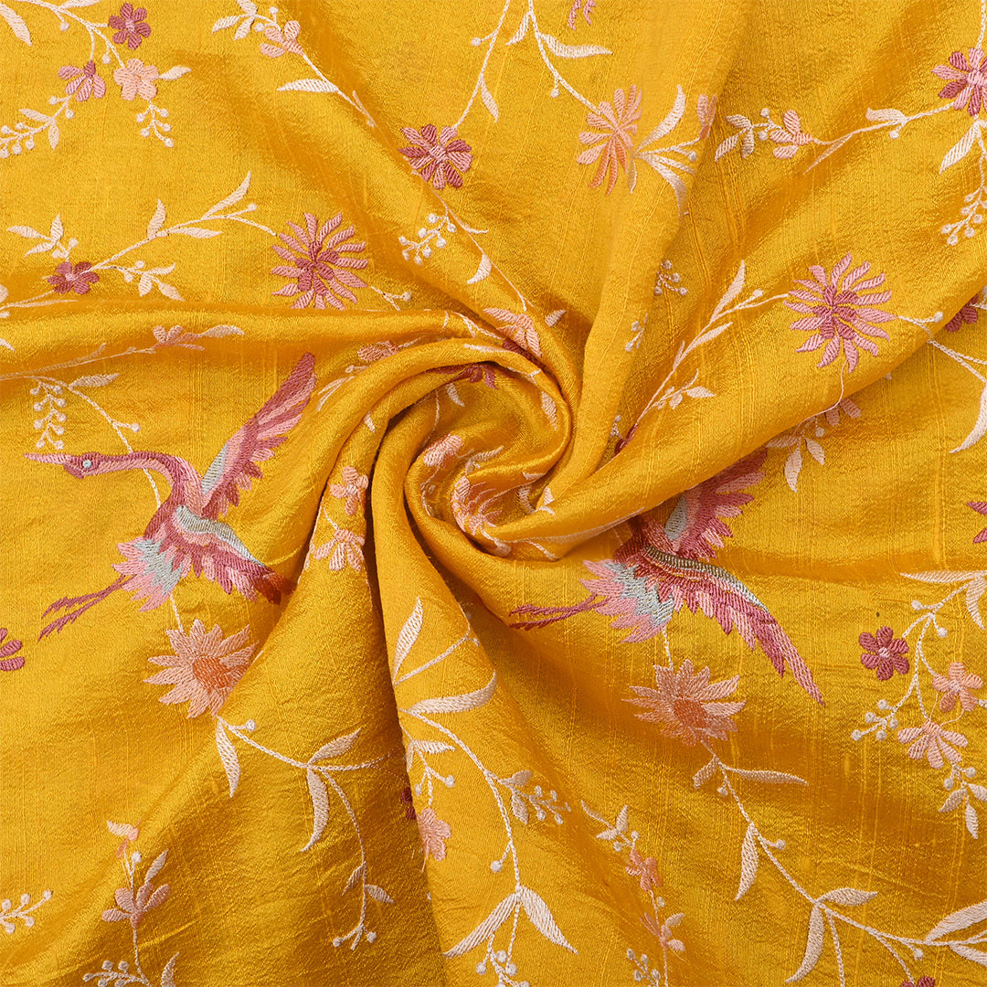 Bright Yellow Dupion Raw Silk Embroidered Fabric