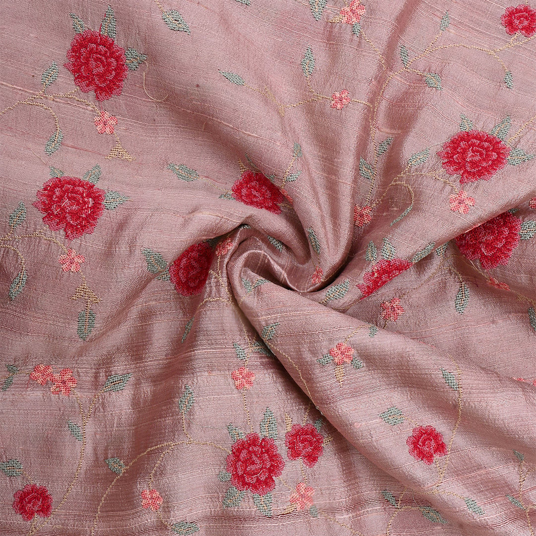 Light Mauve Red Dupion Raw Silk Petit Point Embroidered Fabric