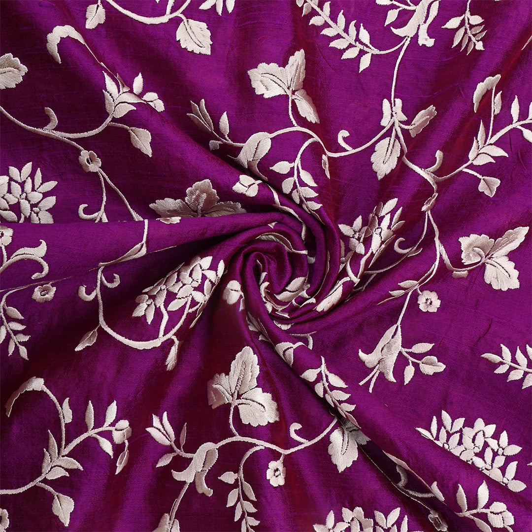 Purple Jam Dupion Raw Silk Embroidered Fabric