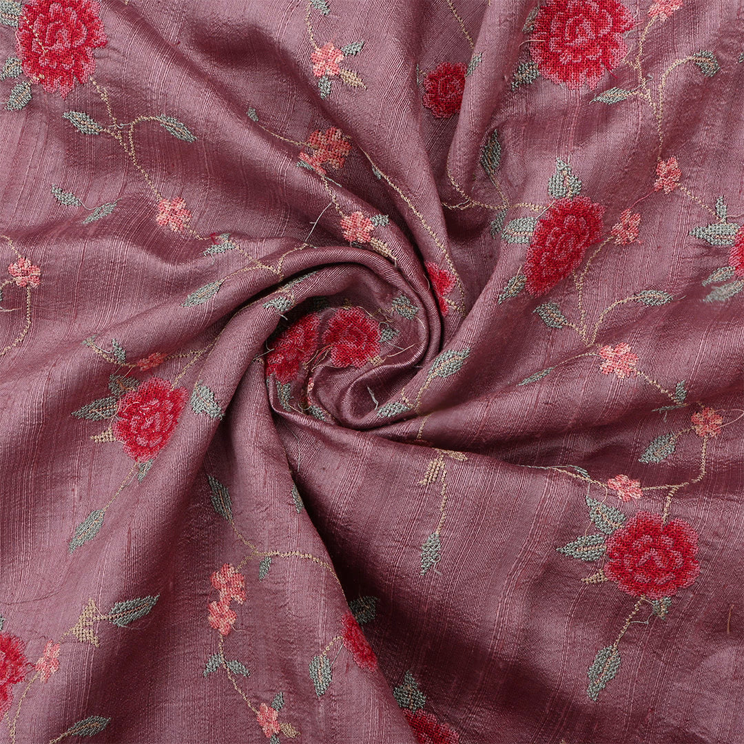 Dark Mauve Pink Dupion Raw Silk Petit Point Embroidered Fabric