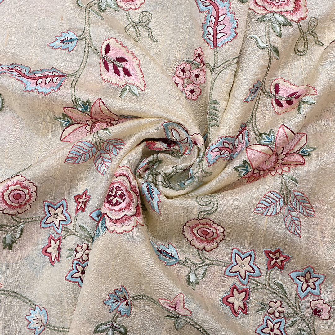 Bone Cream Dupion Raw Silk Embroidered Fabric