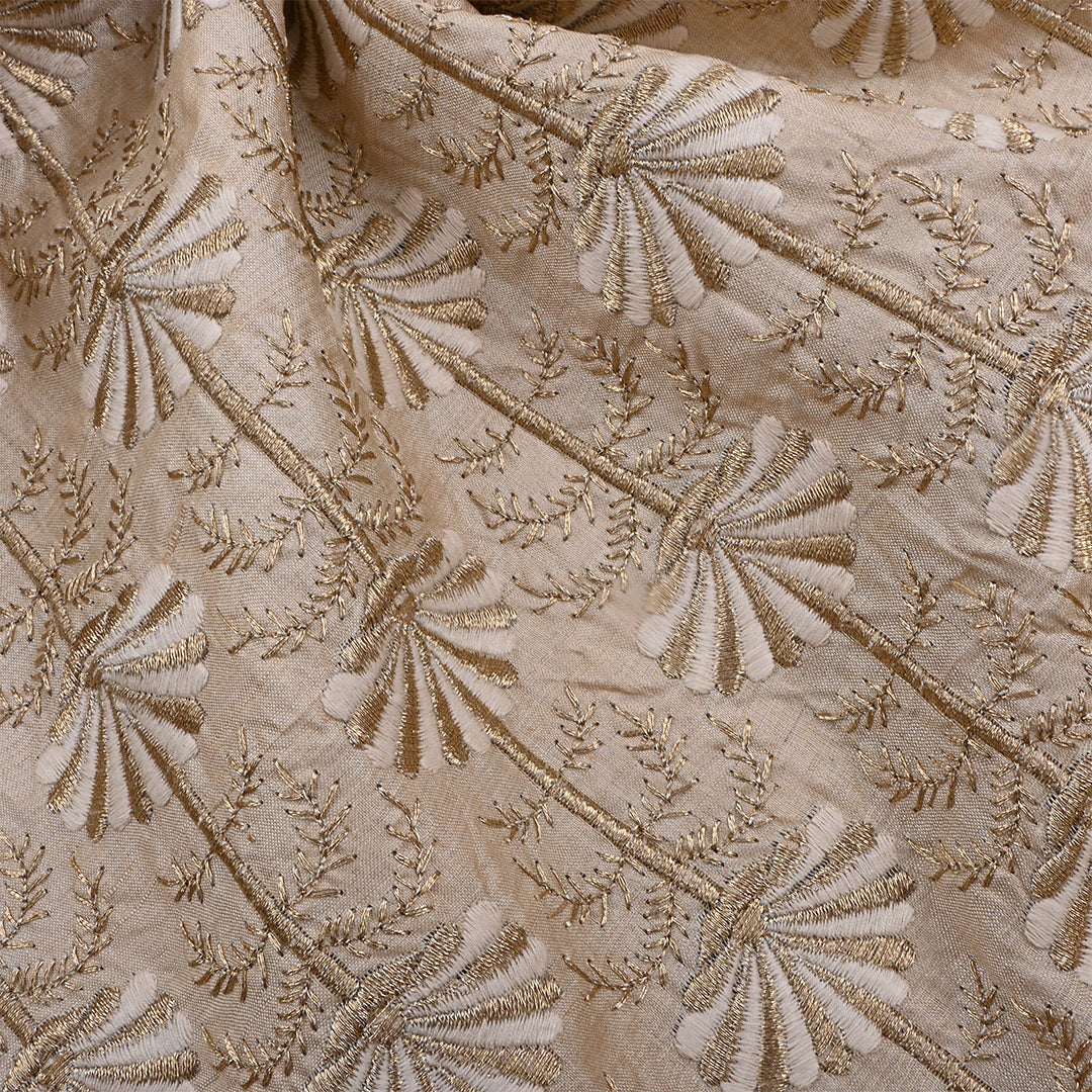 Beige Tussar Embroidered Fabric