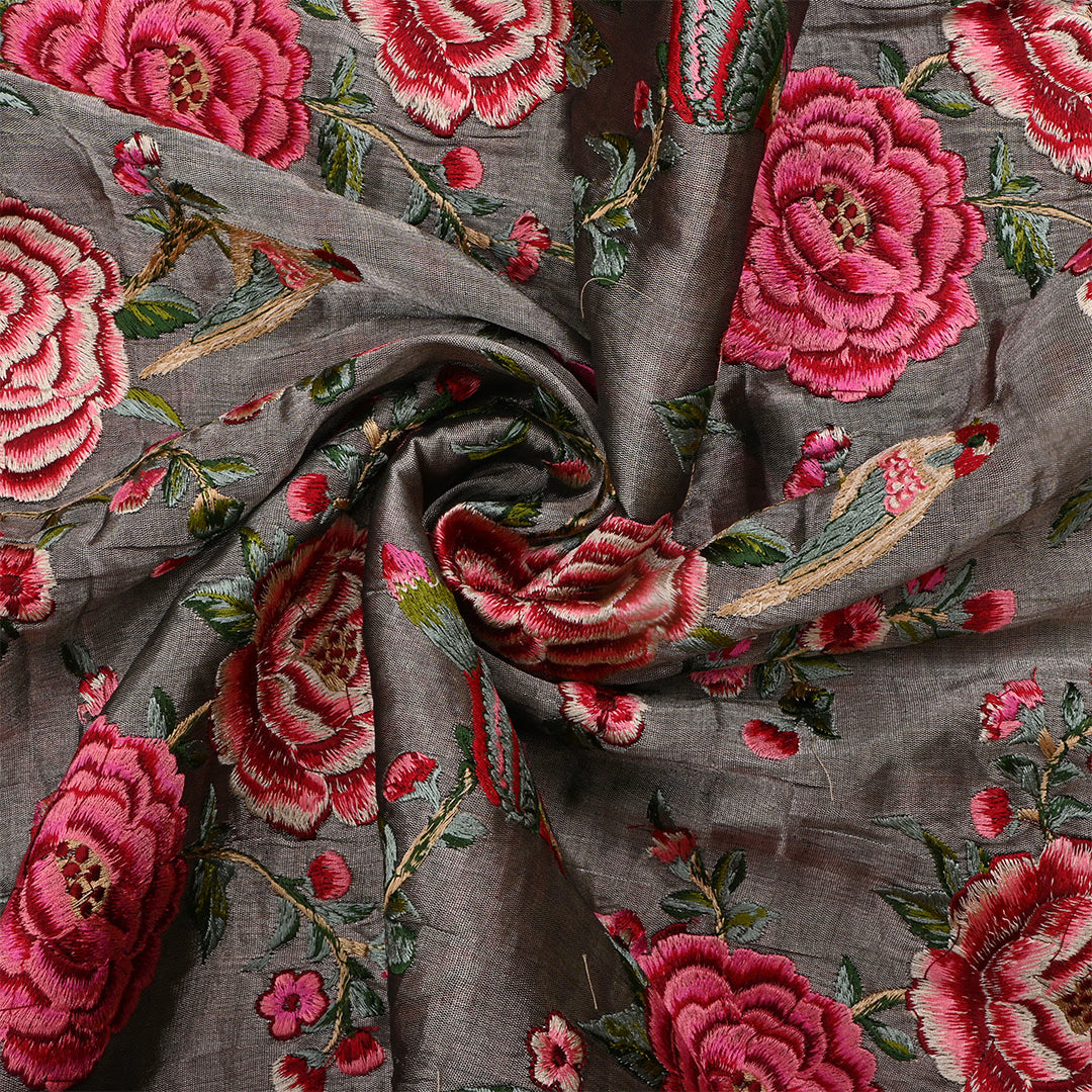 Dark Silver Tissue Floral Embroidered Fabric