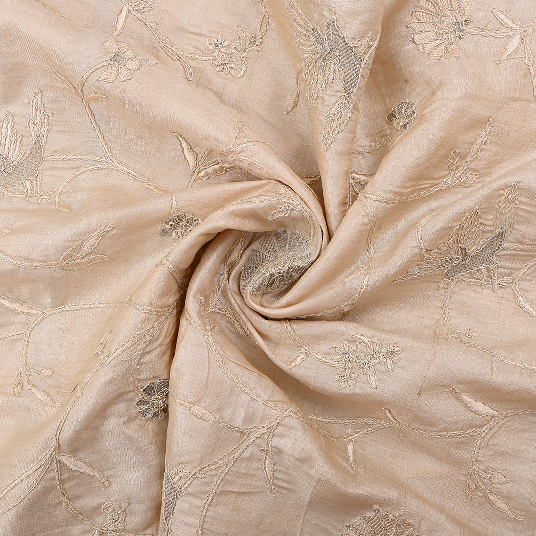 Off White Tussar Floral Embroidered Fabric