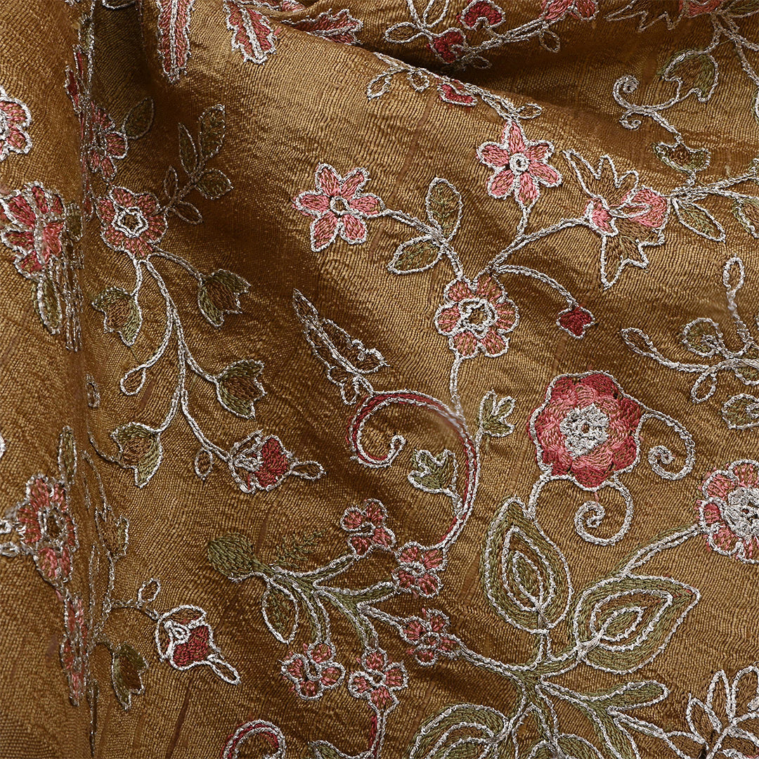 Old Copper Dupion Raw Silk Embroidered Fabric