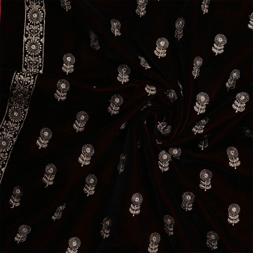Black Velvet Zari Embroidered Fabric With Red Edge