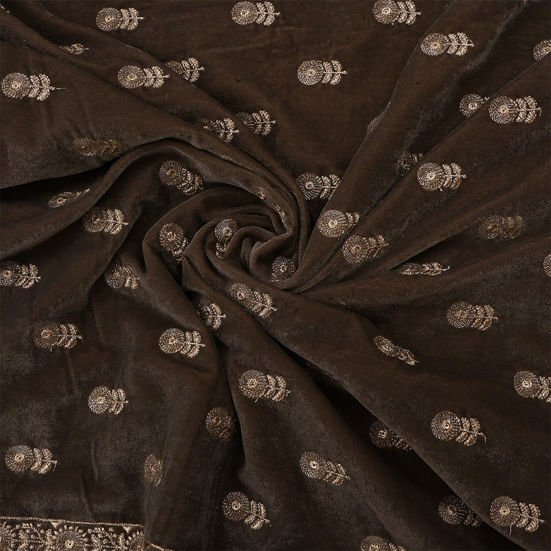 Wood Brown Velvet Zari Embroidered Fabric