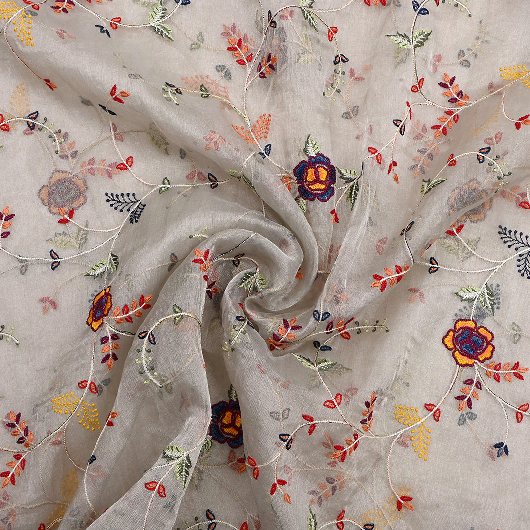 Platinum Silver Tissue Embroidered Fabric