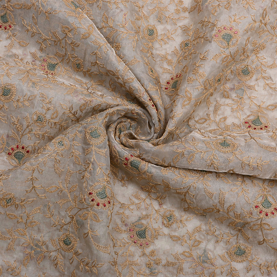 Powder White Tissue Organza Embroidered Fabric