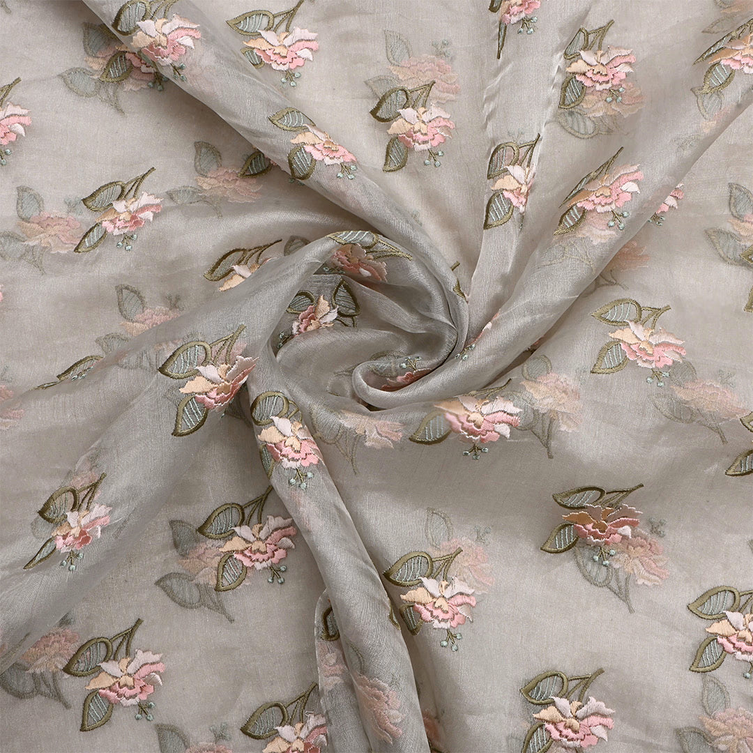 Silver Tissue Floral Embroidered Fabric