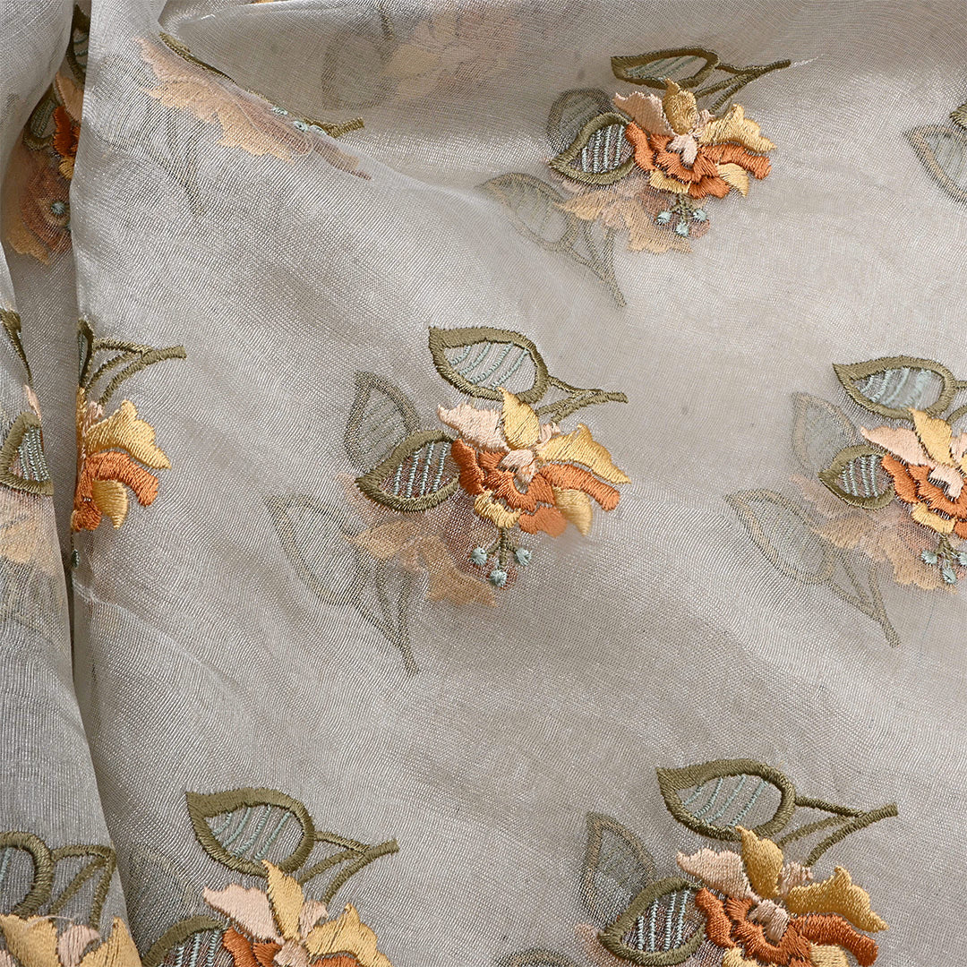 Pastel Gray Tissue Floral Embroidered Fabric