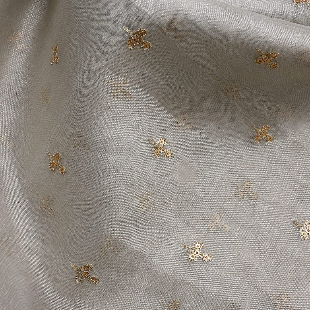 Soft Silver Tissue Zari Embroidered Fabric