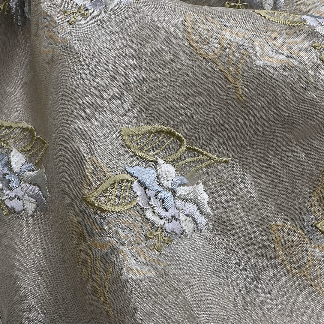 Metallic Silver Tissue Floral Embroidered Fabric