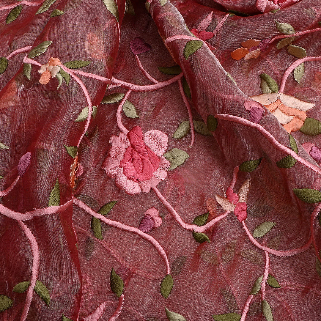 Lotus Red Tissue Floral Embroidery Fabric