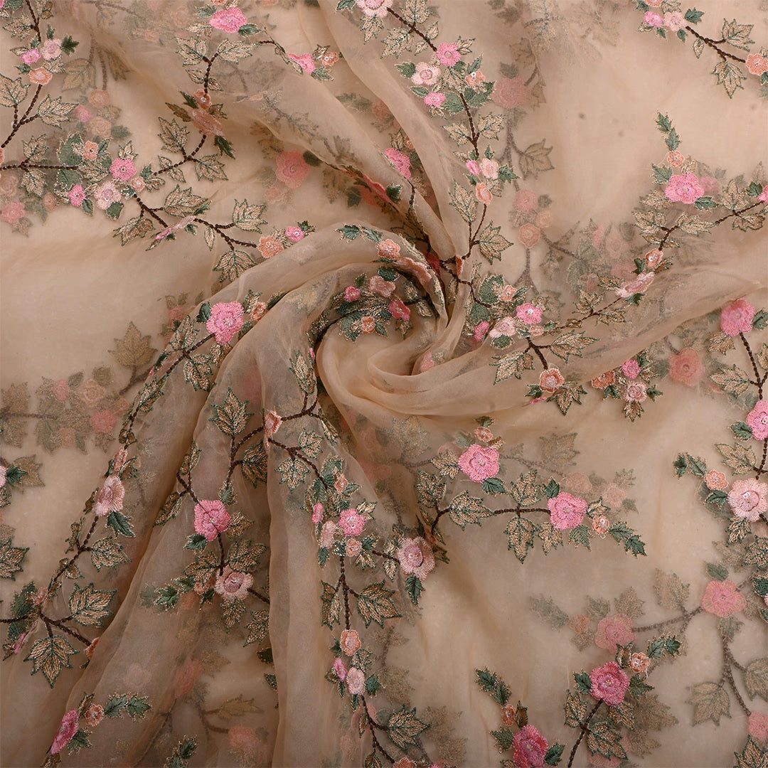 Dark Beige Organza Embroidered Fabric