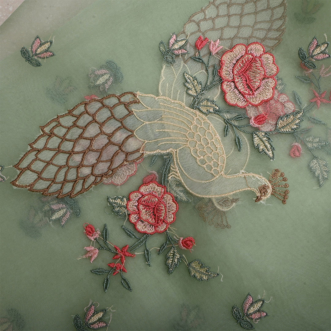 Turquoise Green Organza Embroidered Fabric