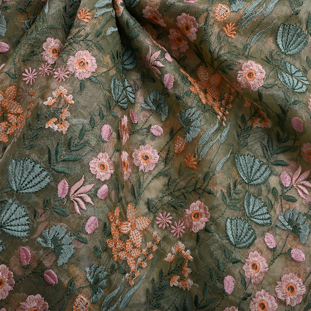 Donkey Brown Tissue Floral Embroidered Fabric