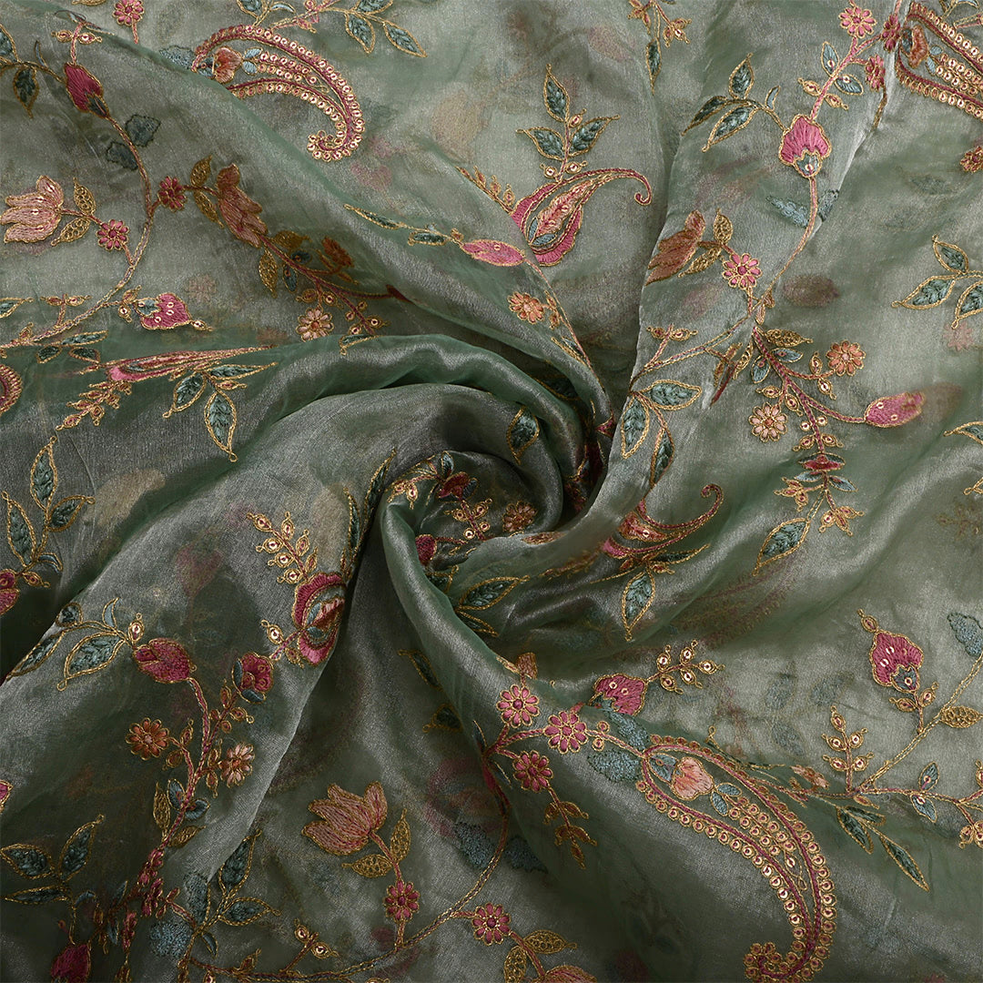 Turquoise Green Tissue Embroidered Fabric